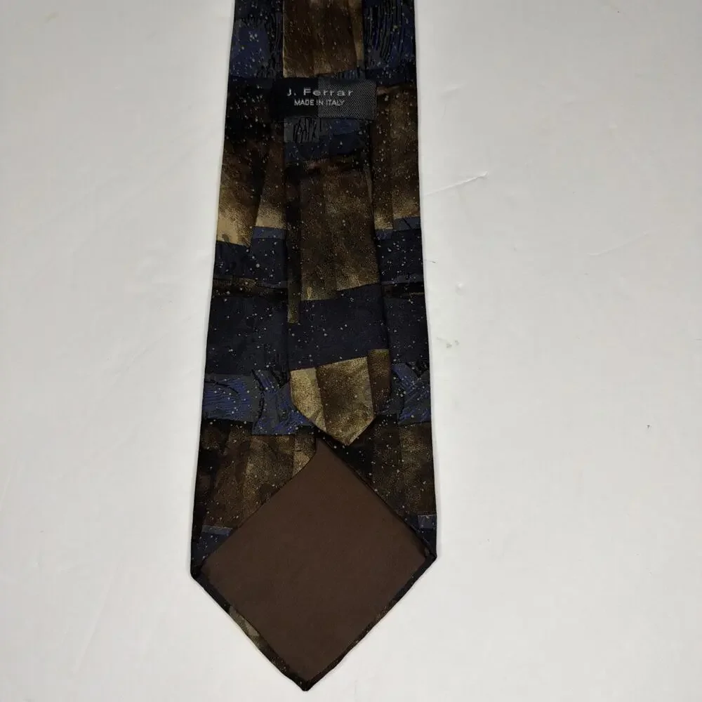 J Ferrar Silk Tie Blue Gold Abstract Art Dark Geometric Necktie Italy Gift